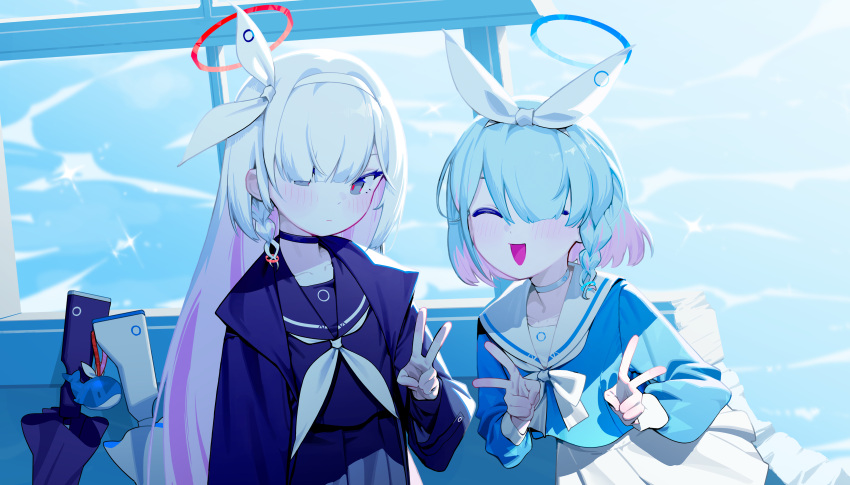 2girls, :d, absurdres, arona_(blue_archive), black_choker, black_coat, black_eyes, black_serafuku