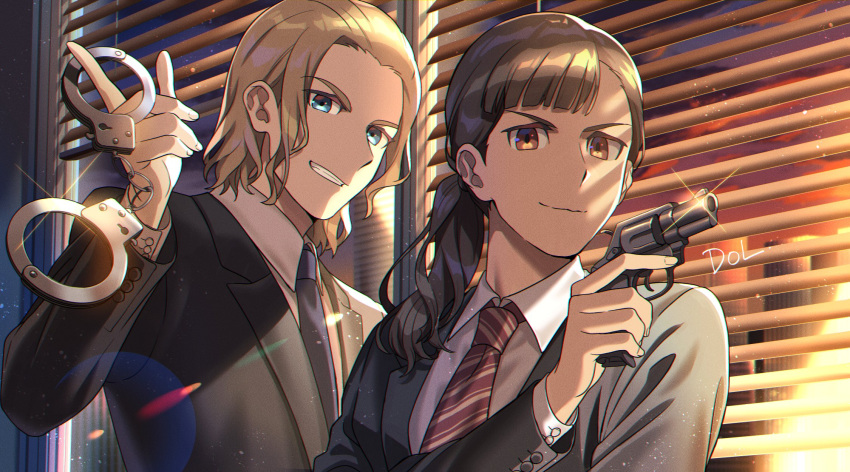2boys, black_suit, blonde_hair, blue_eyes, brown_eyes, brown_hair, collared_shirt, cuffs