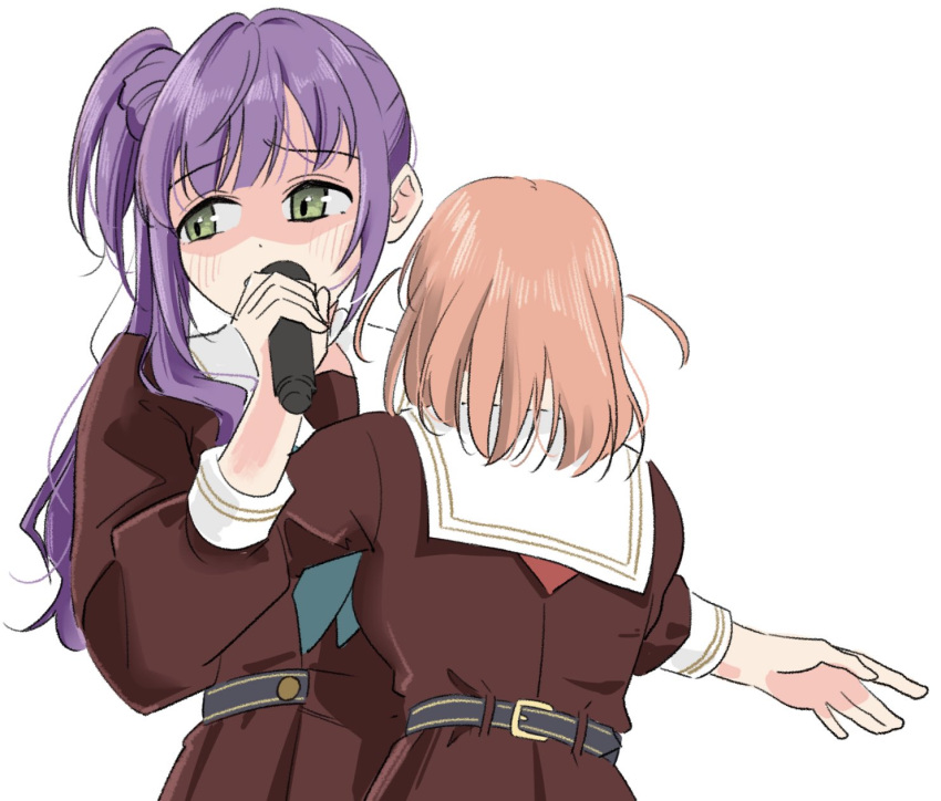 2girls, 3rd_live_tour_try_tri_unity!!!, aqua_neckerchief, averting_eyes, blush, breasts, brown_dress, commentary