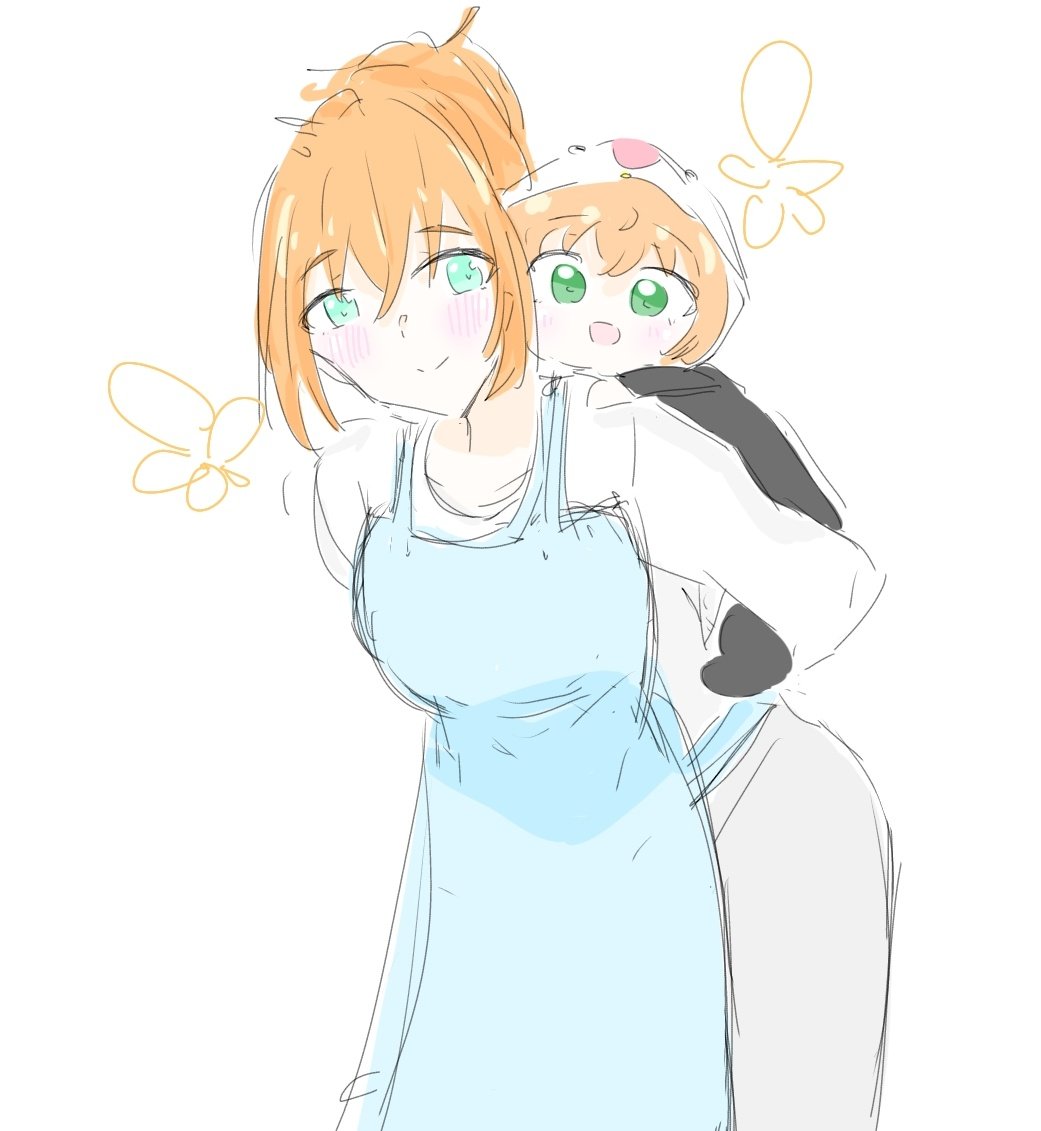 2girls, :d, apron, aqua_eyes, bird_costume, blue_apron, blush, breasts