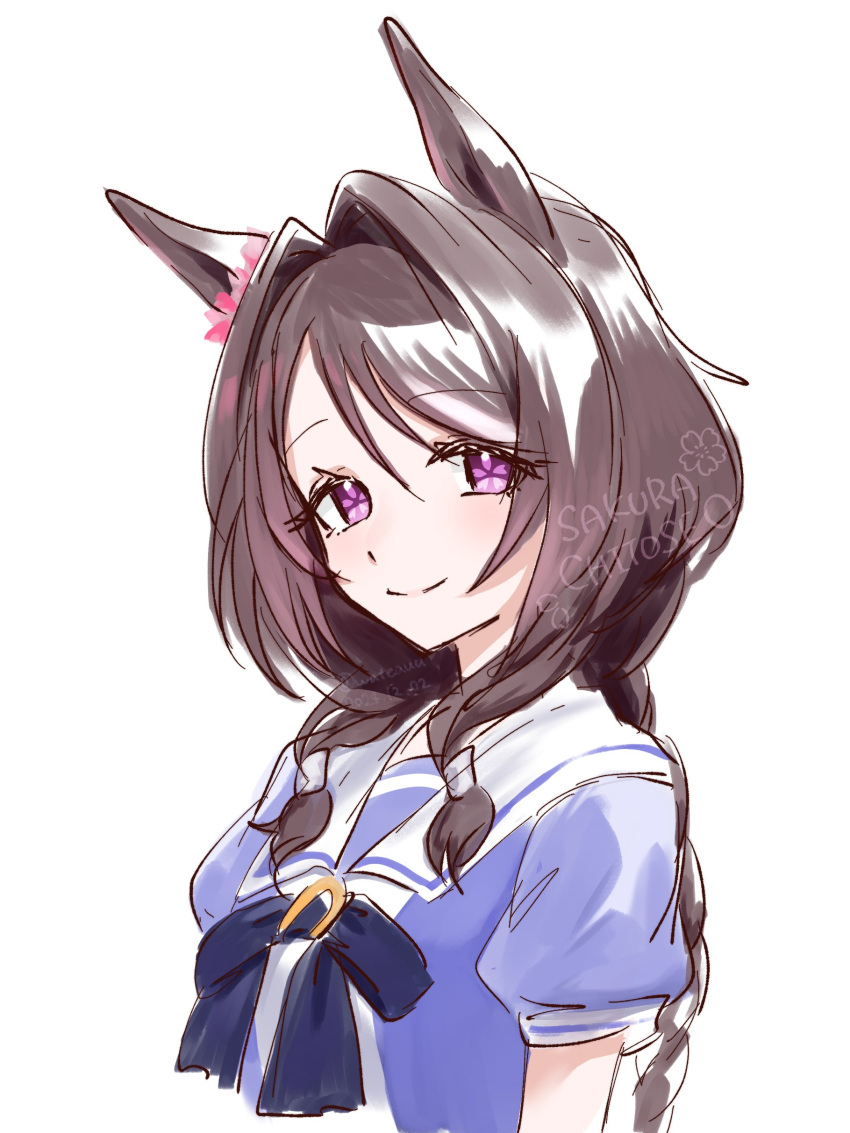 1girl, absurdres, animal_ears, blue_shirt, bow, bowtie, braid, braided_ponytail