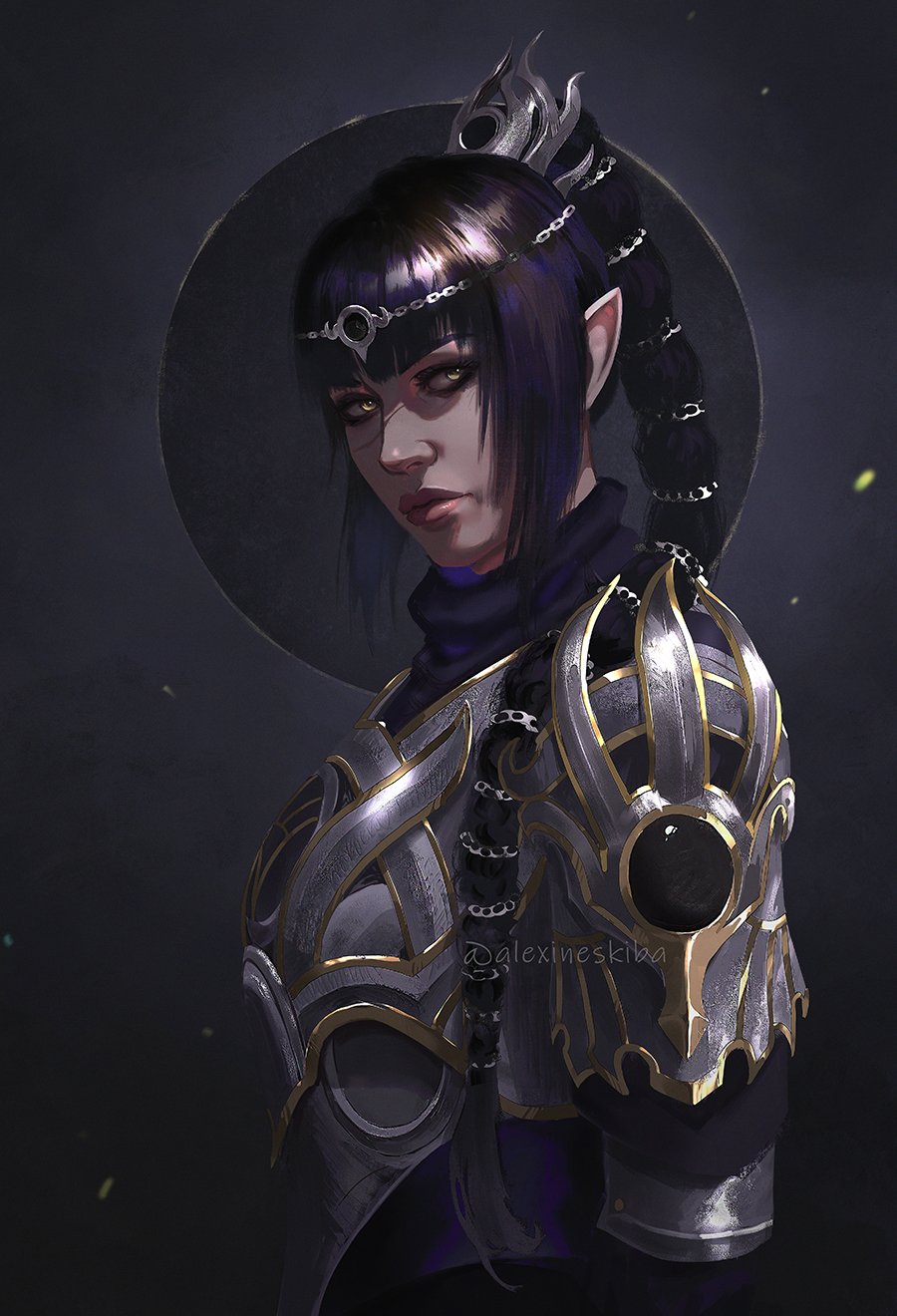 1girl, aleksandra_skiba, armor, artist_name, baldur's_gate, baldur's_gate_3, black_hair, blunt_bangs