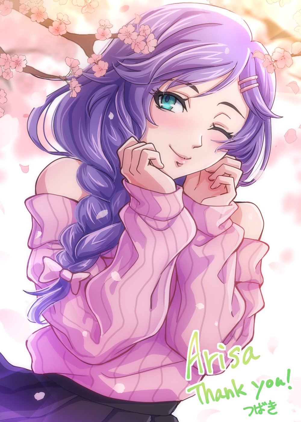 1girl, black_skirt, blue_eyes, bow, cherry_blossoms, closed_mouth, commission, flower, hair_bow, hair_ornament, hairclip, highres, lips, long_braid, long_hair, long_sleeves, off_shoulder, one_eye_closed, original, pink_bow, pink_flower, purple_hair, ribbed_sweater, skeb_commission, skirt, smile, solo, sweater, thank_you, tsubaki_pbwfa