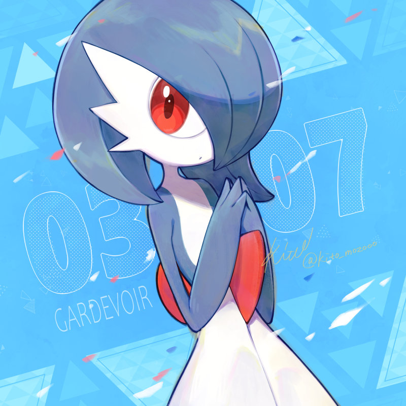alternate_color, blue_background, blue_hair, blue_skin, bob_cut, character_name, colored_skin, dress, gardevoir, gardevoir_day, hair_over_one_eye, kito_(kito_mozooo), looking_at_viewer, multicolored_skin, own_hands_together, pink_eyes, pokemon, pokemon_(creature), shiny_pokemon, two-tone_skin, white_dress, white_skin