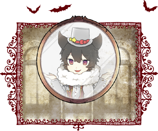 1boy, arne_no_jikenbo, border, english_commentary, grey_hat, hands_up, hat, hat_ribbon, mirror, official_art, ornate_border, ribbon, scarf, star_(symbol), tagme, wool, zisye