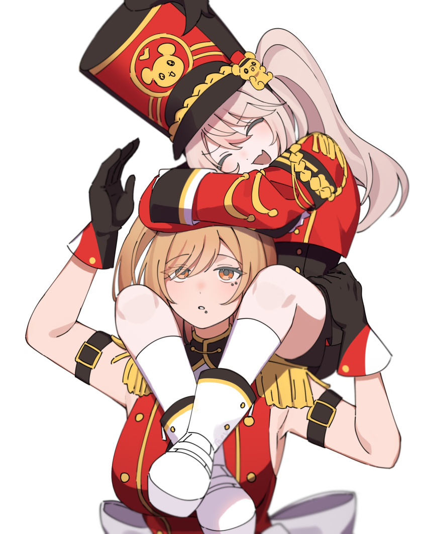 2girls, :d, :o, absurdres, animal_print, band_uniform, bear, bear_print