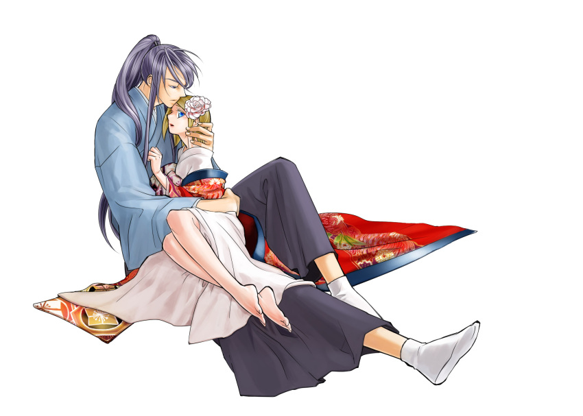 1girl, age_difference, barefoot, couple, feet, flower, height_difference, highres