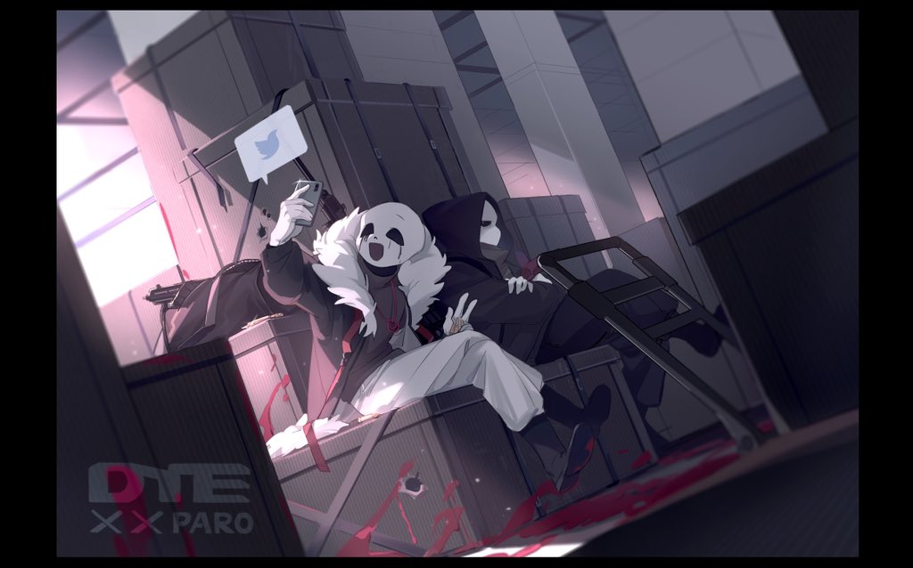 2boys, alternate_universe, arm_up, asaiiro, bag, black_footwear, black_hoodie, black_pants