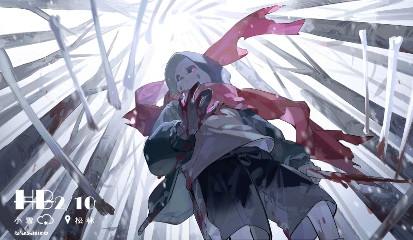 1boy, alternate_universe, asaiiro, blood, blood_on_clothes, blood_on_hands, blood_on_weapon, bone