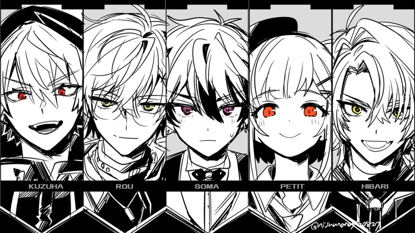 1girl, 4boys, :d, beret, blush, character_name, closed_mouth, collared_shirt