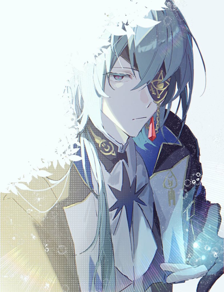 1boy, anaxa_(honkai:_star_rail), blue_background, closed_mouth, collared_jacket, collared_shirt, commentary_request, earrings, eyepatch, glowing, hair_between_eyes, hair_over_shoulder, hand_up, honkai:_star_rail, honkai_(series), jacket, jewelry, leaning_forward, light_particles, long_hair, long_sleeves, looking_at_viewer, looking_to_the_side, low_ponytail, messy_hair, moomootatata, shade, shaded_face, shirt, single_earring, solo, sunlight