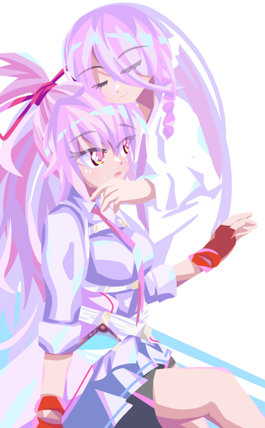 2girls, belt, braid, breasts, chest_harness, crying, evanhehehe, hair_over_one_eye