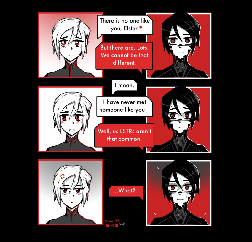 2girls, android, anger_vein, ariane_yeong, black_hair, blush, commentary, cugu00, elster_(signalis), english_commentary, english_text, highres, multiple_girls, pixel_art, red_eyes, short_hair, sidelocks, signalis, speech_bubble, sweatdrop, twitter_username, white_hair, yuri