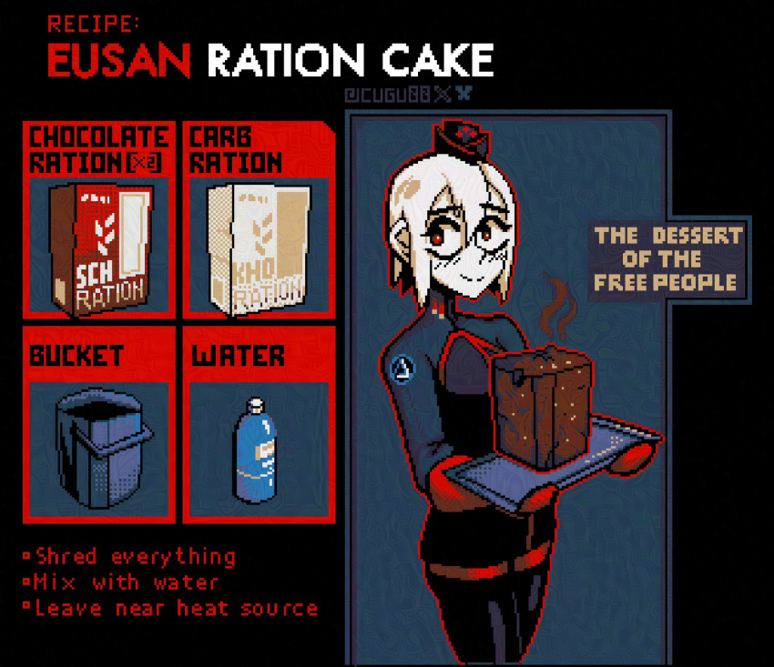 1girl, ariane_yeong, black_jacket, bottle, bucket, cake, chocolate_cake, commentary