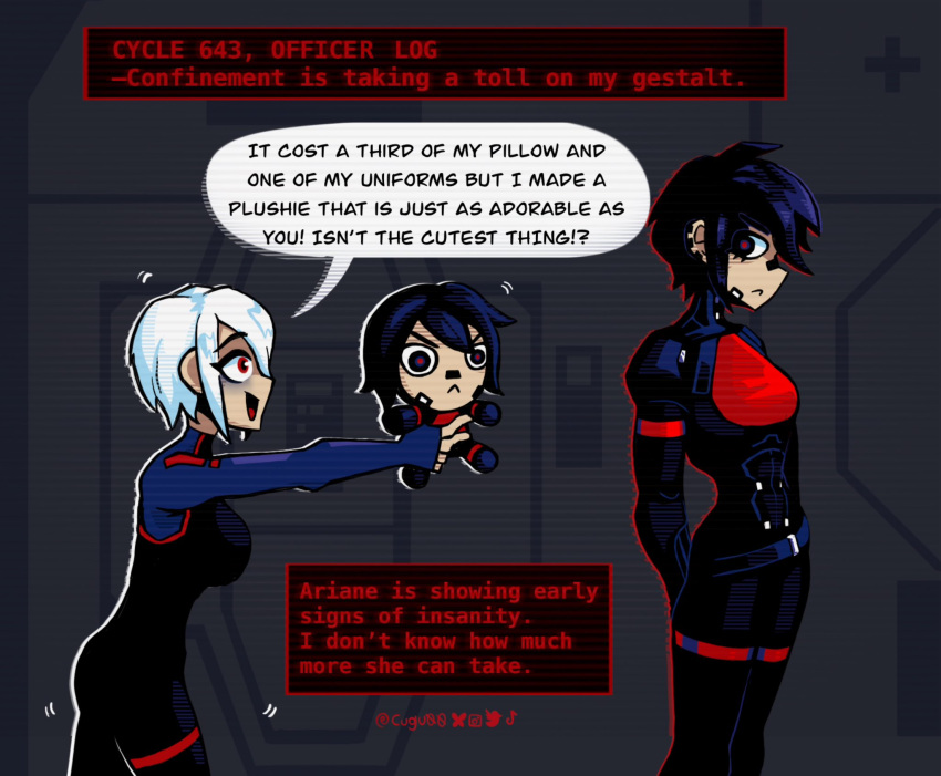 2girls, android, ariane_yeong, belt, black_hair, blue_eyes, character_doll, commentary, cugu00, elster_(signalis), english_commentary, english_text, highres, military_uniform, multiple_girls, red_eyes, short_hair, sidelocks, signalis, spacecraft_interior, speech_bubble, twitter_username, white_hair