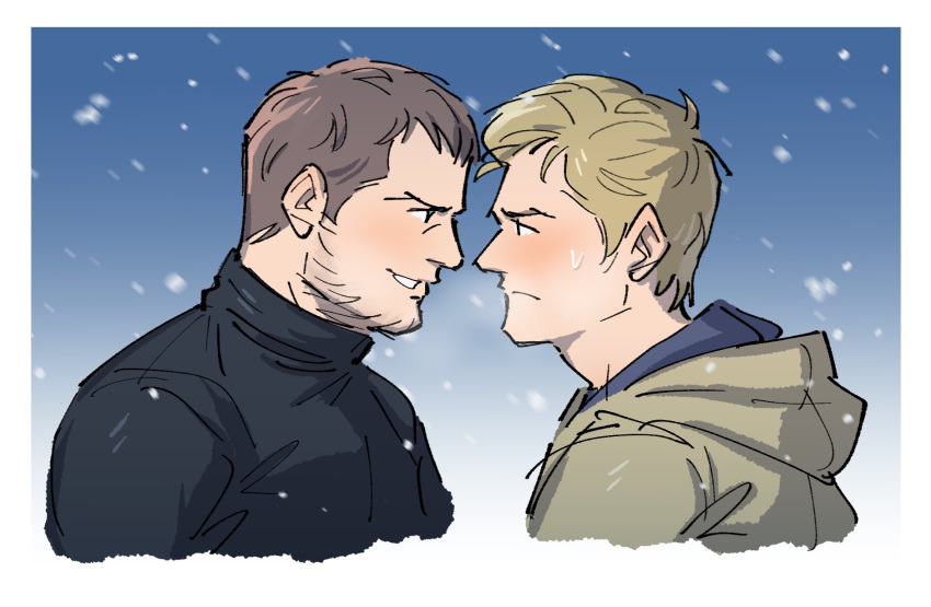 2boys, black_shirt, blonde_hair, blue_shirt, blush, border, brown_hair, chris_redfield
