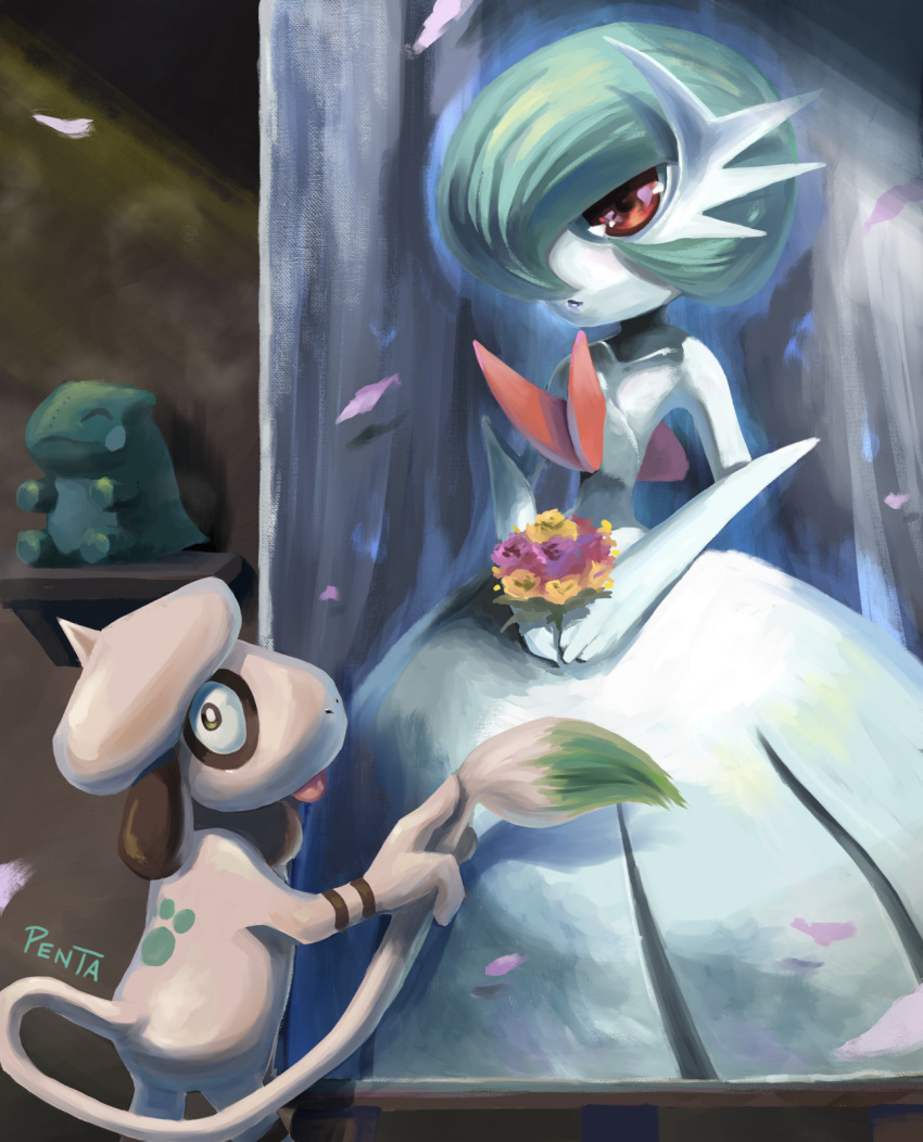 bob_cut, colored_skin, dress, elbow_gloves, falling_petals, flower, gardevoir, gloves
