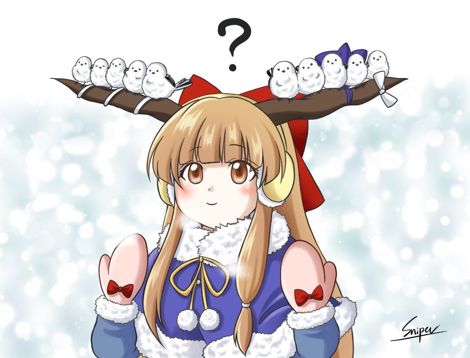 1girl, ?, alternate_costume, animal_on_head, bird, bird_on_head, blue_capelet, blunt_bangs