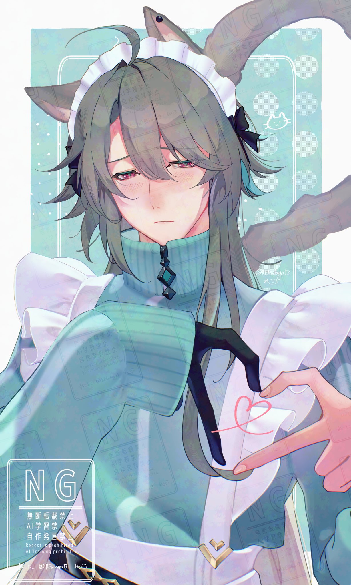 1boy, 4-finger_heart_hands, ahoge, animal_ears, apron, black_gloves, blue_jacket, blush, border, cat_ears, cat_tail, closed_mouth, commentary, frilled_apron, frills, gloves, grey_hair, hair_between_eyes, heart, heart_hands, highres, honkai_(series), honkai_impact_3rd, jacket, long_hair, looking_down, maid_headdress, male_focus, pink_eyes, rekodayo13, single_glove, sleeves_past_wrists, solo, su_(honkai_impact), symbol-only_commentary, tail, upper_body, watermark, white_apron, white_border, zipper_pull_tab