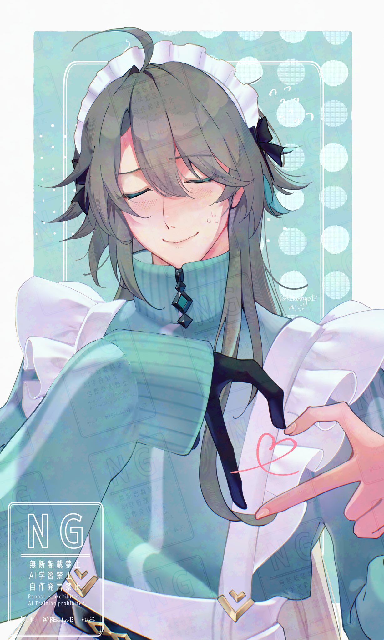 1boy, 4-finger_heart_hands, ahoge, apron, black_gloves, blue_jacket, blush, border, closed_eyes, closed_mouth, commentary_request, frilled_apron, frills, gloves, grey_hair, hair_between_eyes, heart, heart_hands, highres, honkai_(series), honkai_impact_3rd, jacket, long_hair, maid_headdress, male_focus, rekodayo13, single_glove, sleeves_past_wrists, smile, solo, su_(honkai_impact), upper_body, watermark, white_apron, white_border, zipper_pull_tab