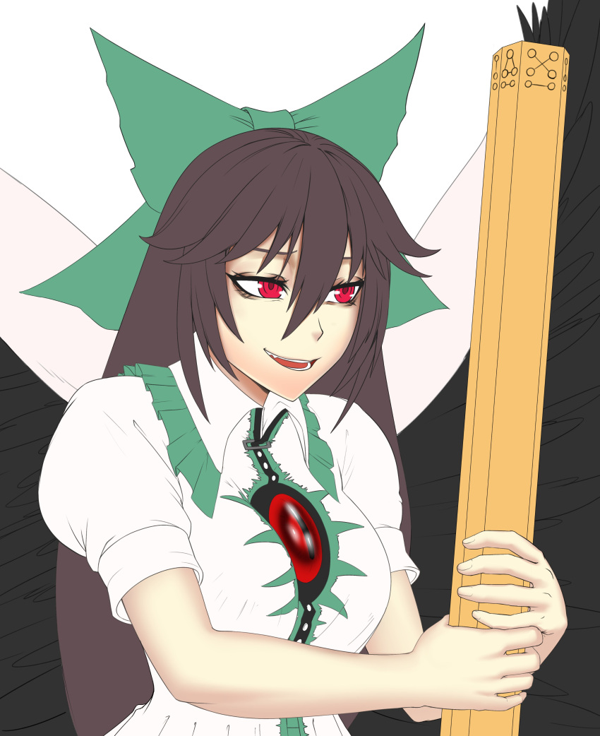 1girl, absurdres, black_wings, bow, breasts, brown_hair, cape, collared_shirt