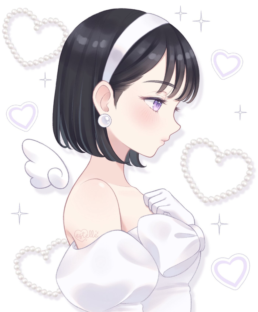 1girl, alien_stage, bare_shoulders, black_hair, bob_cut, bow, chest_bow, commentary, dress, earrings, estelleartss, from_side, gloves, hairband, hand_on_own_chest, heart, highres, jewelry, looking_down, off-shoulder_dress, off_shoulder, pearl_earrings, puffy_sleeves, short_hair, solo, sua_(alien_stage), white_background, white_bow, white_dress, white_gloves, white_hairband