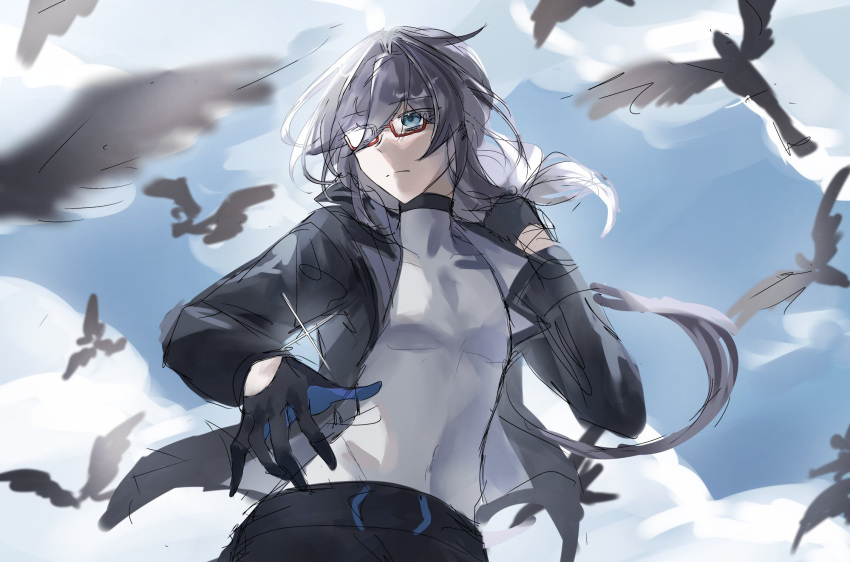 1girl, bird, black_gloves, black_jacket, black_pants, blue_eyes, blue_sky, clouds
