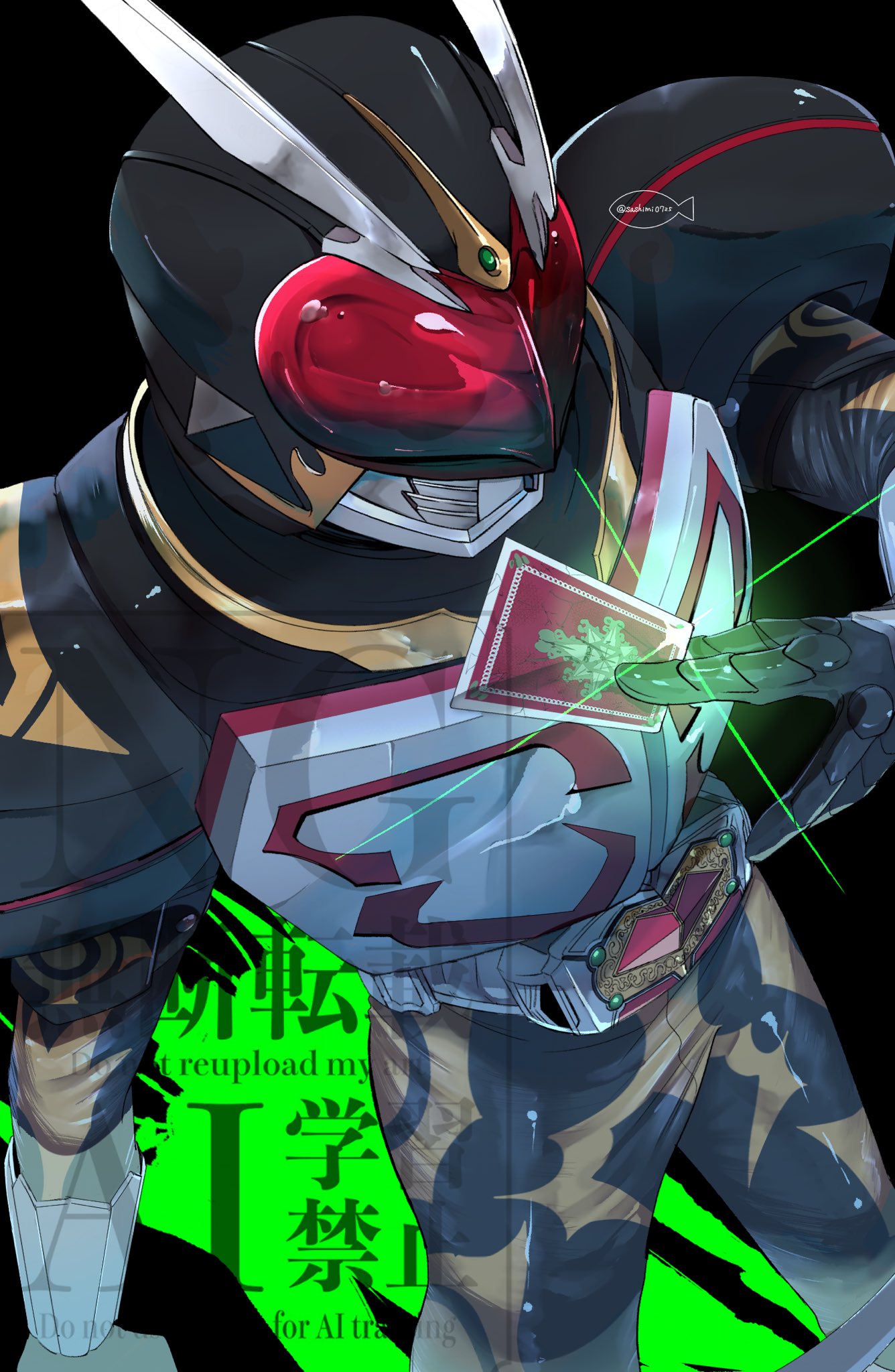 1boy, armor, belt_buckle, black_armor, black_background, black_bodysuit, black_helmet, bodysuit, buckle, card, cowboy_shot, glint, helmet, highres, holding, holding_card, kamen_rider, kamen_rider_blade_(series), kamen_rider_chalice, male_focus, rider_belt, sahimi777, solo, watermark, white_armor