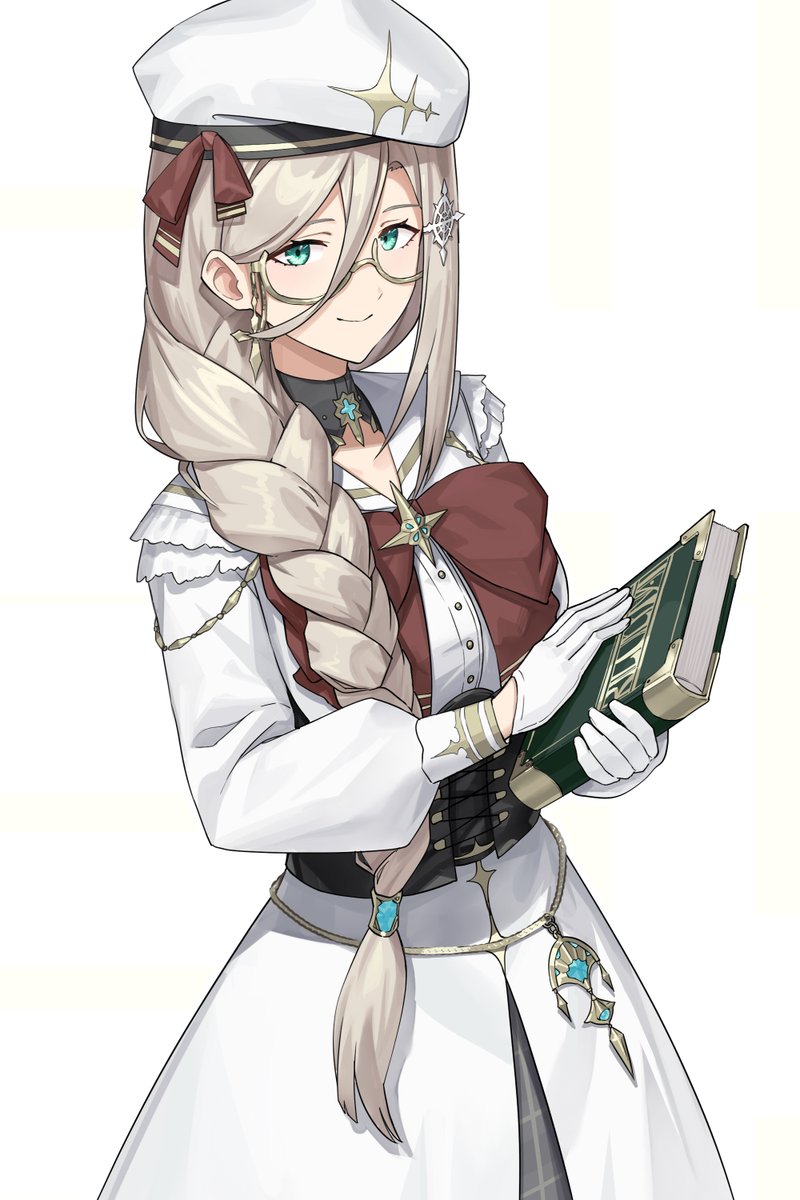 1girl, aia_amare, aia_amare_(1st_costume), aqua_eyes, beret, blonde_hair, book, bow