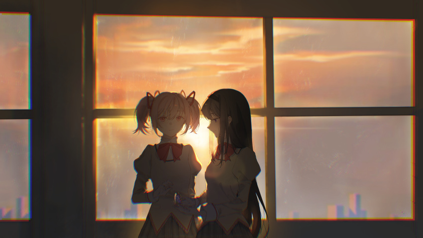 2girls, absurdres, akemi_homura, backlighting, black_hair, black_hairband, black_skirt, bow