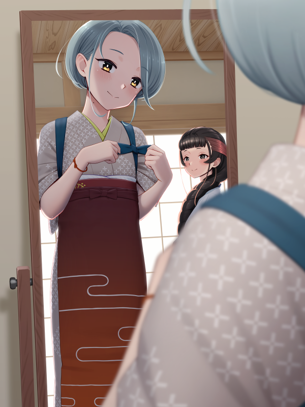 2girls, adjusting_clothes, apron, black_hair, blue_hair, blunt_bangs, blush, braid, commentary_request, grey_kimono, indoors, japanese_clothes, kantai_collection, kimono, long_hair, mirror, multicolored_hair, multiple_girls, porupurucha, redhead, short_hair, smile, tamanami_(kancolle), tamanami_(saury_festival)_(kancolle), yamashio_maru_(kancolle), yellow_eyes