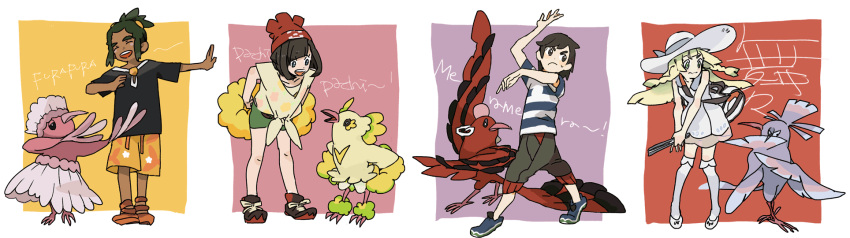 2boys, 2girls, arm_up, black_hair, black_shirt, braid, closed_mouth, dotabata
