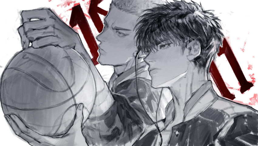 2boys, arm_up, ball, basketball_(object), buttons, closed_mouth, collared_jacket, commentary_request