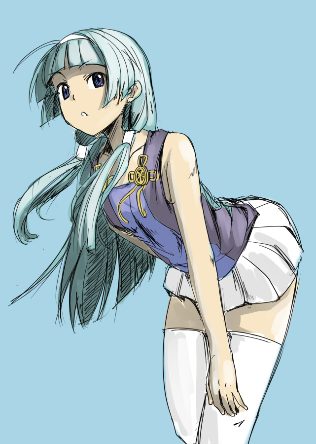 bangs, bare_shoulders, bent_over, blue_eyes, blue_hair, blunt_bangs, hair_tubes, hairband