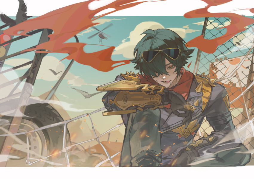 1boy, absurdres, aircraft, bird, black_gloves, black_hair, black_jacket, candy