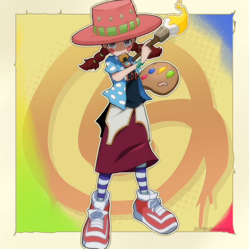 1girl, absurdres, artist_name, billdadinosaur, blue_shirt, brown_hair, color_trap, food, hat, highres, holding, holding_paintbrush, looking_at_viewer, miss_goldenweek, mouth_hold, multi-tied_hair, one_piece, paintbrush, palette_(object), pantyhose, pink_hat, print_shirt, red_footwear, red_skirt, senbei, shirt, shoes, short_sleeves, skirt, solo, striped_clothes, striped_pantyhose, twintails