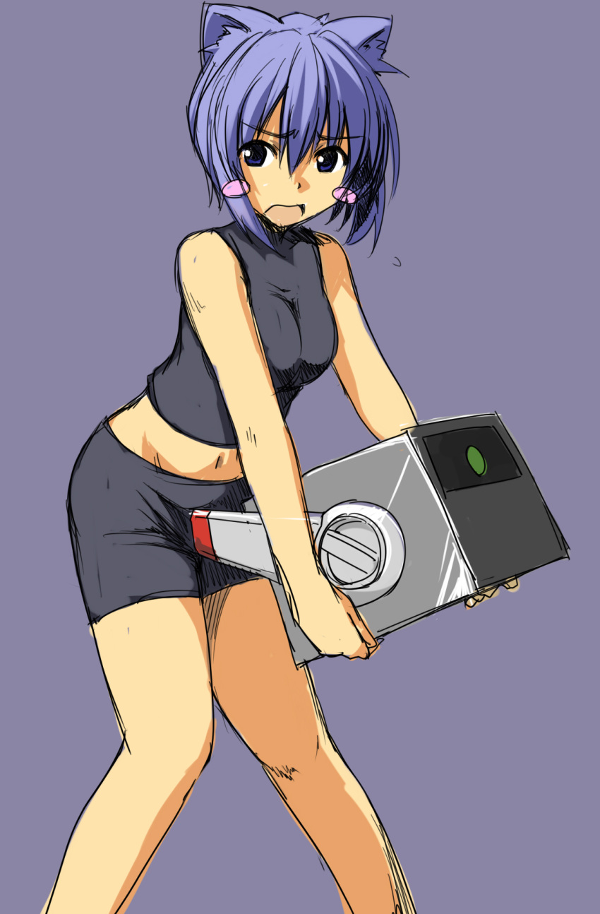 bare_shoulders, bike_shorts, black_eyes, blue_hair, blush_stickers, bob_cut, cat_ears, highres