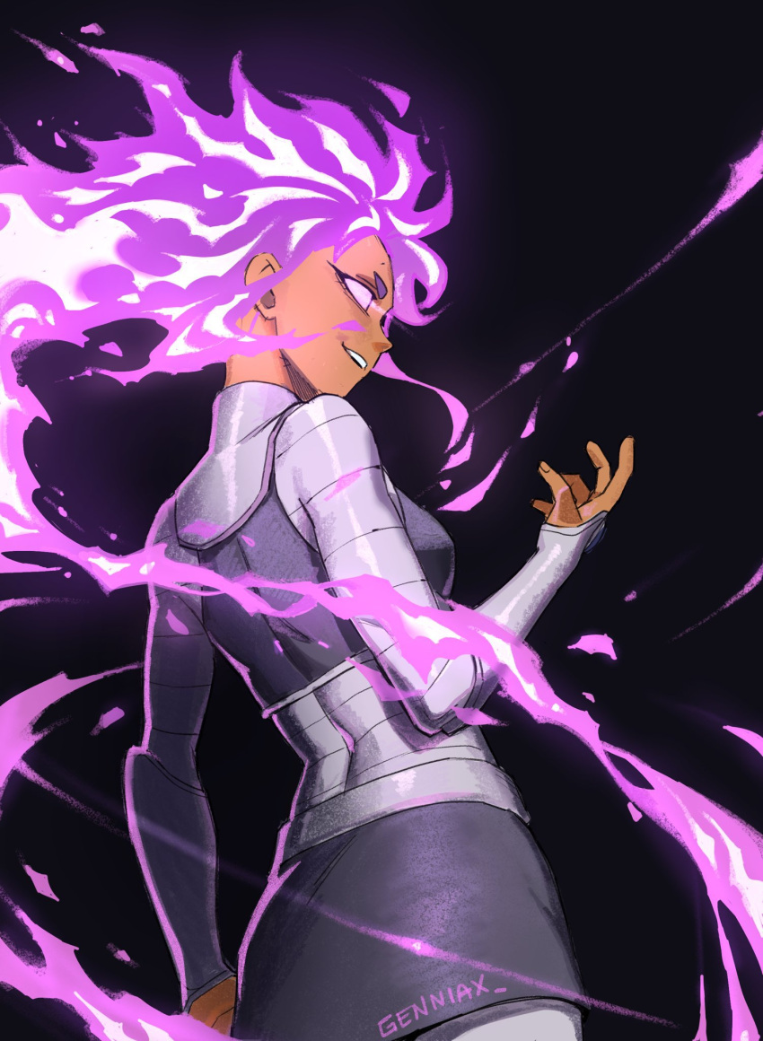 1girl, arm_armor, armor, artist_name, blackfire, blank_eyes, colored_skin, dc_comics
