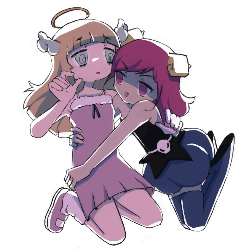 2girls, angel, angel_(devilish_hairdresser), angel_and_devil, black_bloomers, blonde_hair, bloomers, demon_girl