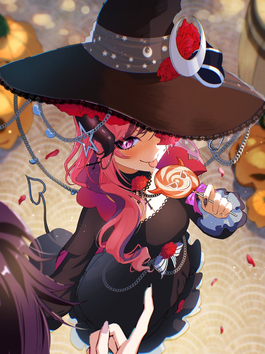 2girls, black_dress, black_nails, candy, chain, cross, curly_hair, demon_girl