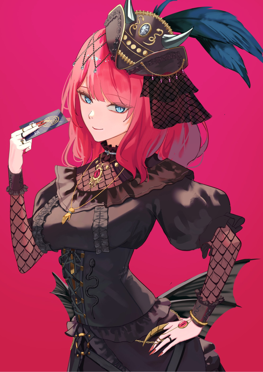 1girl, absurdres, akatsuki_hotaru, black_dress, black_hat, blue_eyes, card, center_frills, demon_girl, demon_wings, dress, frilled_dress, frills, hand_on_own_hip, hat, highres, holding, holding_card, jewelry, medium_hair, mozzu123, nail_polish, pink_background, red_nails, redhead, ring, smile, solo, virtual_youtuber, vshojo, wings