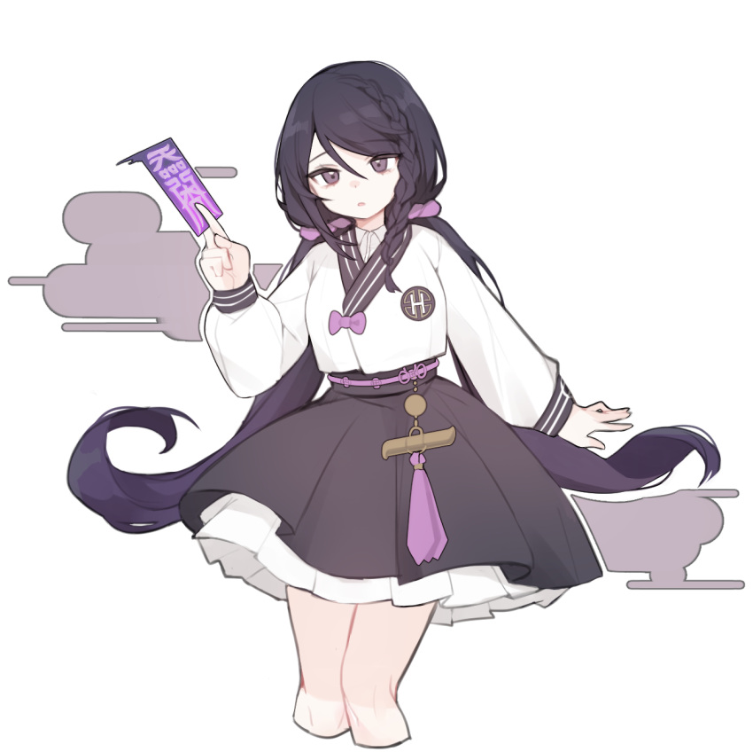 1girl, ban_mumani, between_fingers, black_hair, black_skirt, black_survival, bow, braid