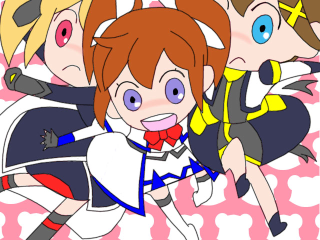 3girls, 3gs, beatmania_(series), bemani, blonde_hair, blue_eyes, brown_hair, chibi