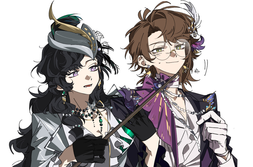 2girls, absurdres, black_gloves, black_hair, bright_pupils, brown_hair, cane, closed_mouth