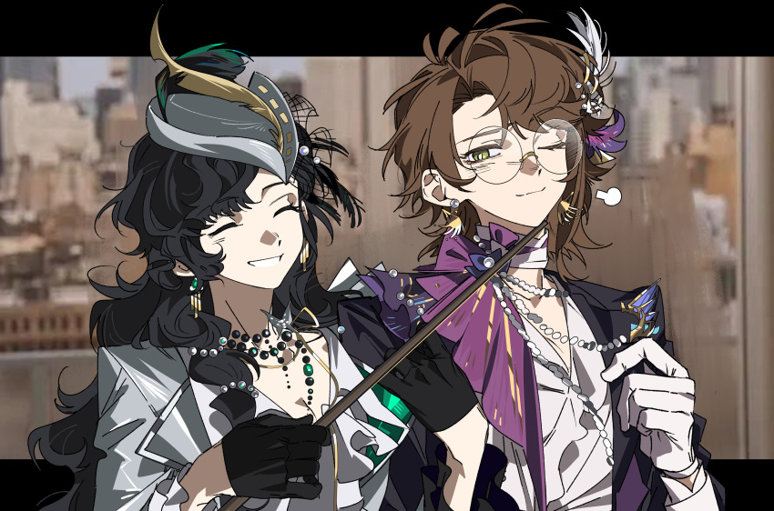 2girls, ;), ^_^, absurdres, black_gloves, black_hair, blurry, blurry_background