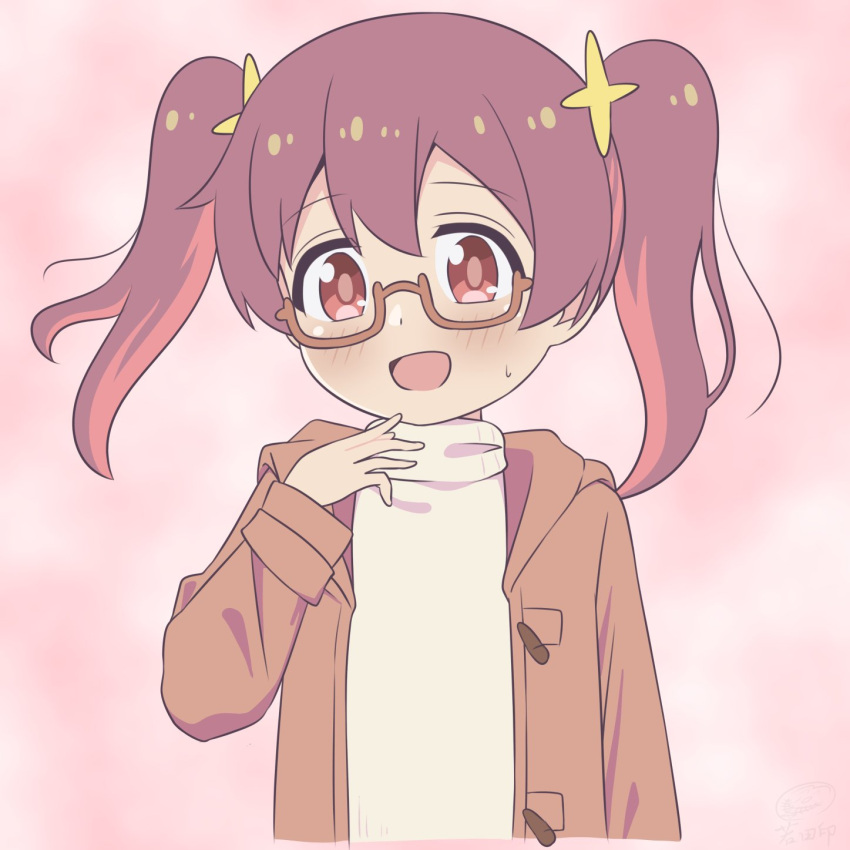 1girl, :d, alternate_hairstyle, brown-framed_eyewear, brown_eyes, brown_hair, brown_jacket, commentary, glasses, hair_between_eyes, hair_ornament, hand_up, highres, jacket, light_blush, long_hair, long_sleeves, looking_at_viewer, multicolored_hair, murosaki_miyo, onii-chan_wa_oshimai!, open_clothes, open_jacket, open_mouth, pink_background, redhead, semi-rimless_eyewear, simple_background, smile, solo, sweater, turtleneck, turtleneck_sweater, twintails, two-tone_hair, under-rim_eyewear, upper_body, wakata24s, white_sweater