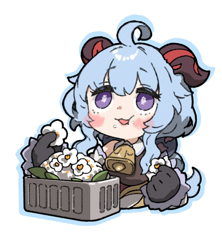 1girl, ahoge, amonitto, bell, black_gloves, blue_hair, blush, chibi