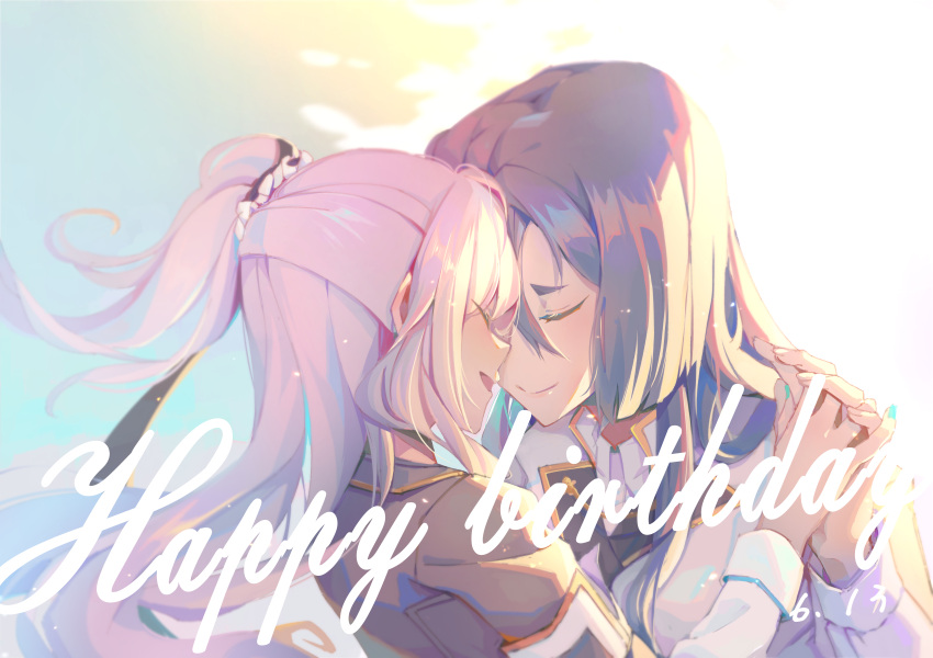 2girls, absurdres, black_hair, brown_jacket, closed_eyes, closed_mouth, commentary_request, dated