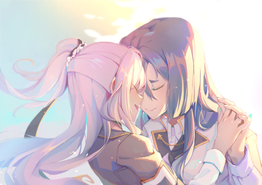 2girls, absurdres, black_hair, brown_jacket, closed_eyes, closed_mouth, commentary_request, face-to-face