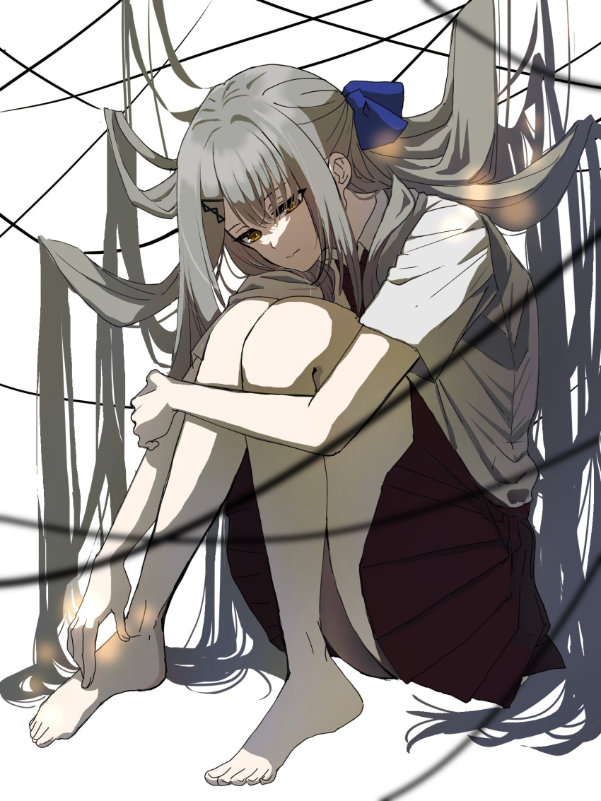 1girl, barefoot, bow, feet, fujino_shiroha, grey_hair, hair_between_eyes, hair_bow